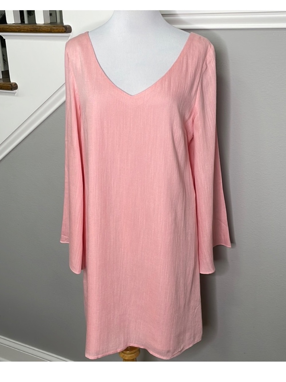 Traffic People Light Pink Bell Sleeve V-Neck Dress with Open Weave Tassels - Picture 2 of 5